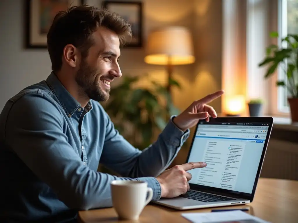 A confident young digital marketer on a video call discussing keyword strategy with a client in a bright, modern workspace