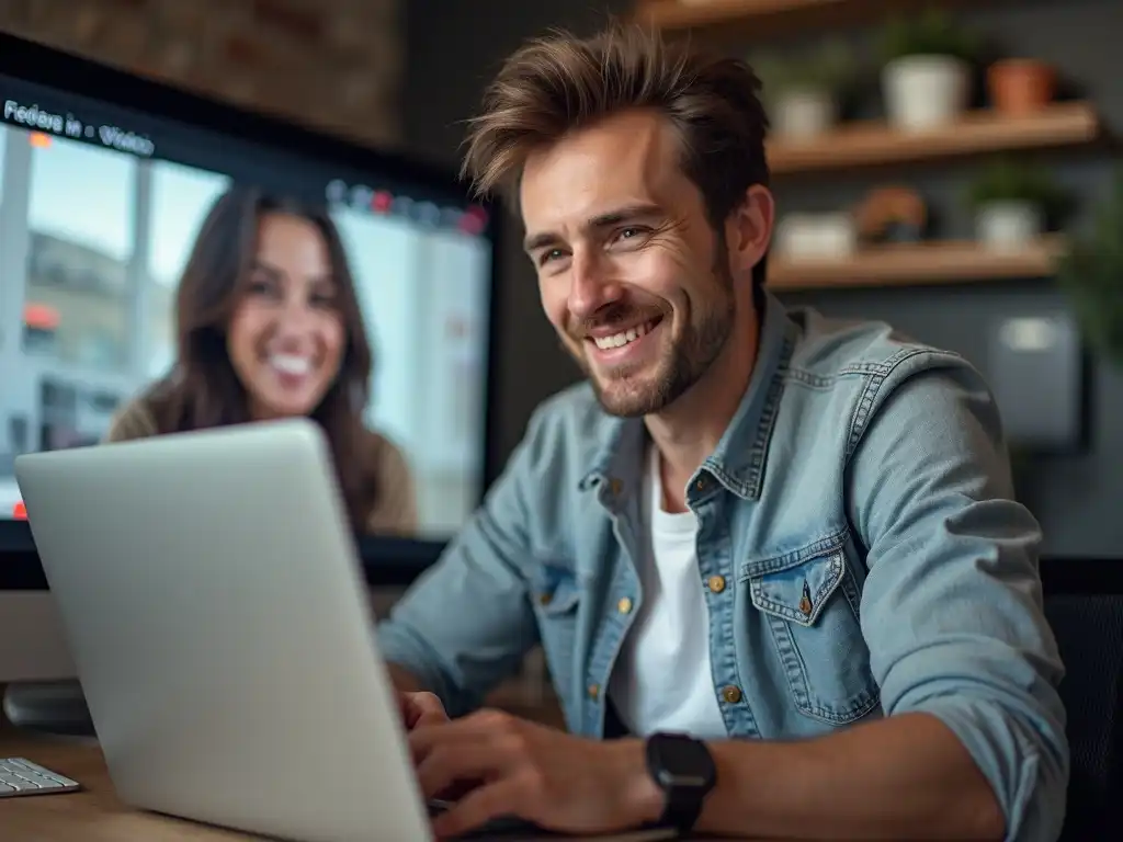 A confident young male uploading a finished video on his laptop with social media platforms on screen