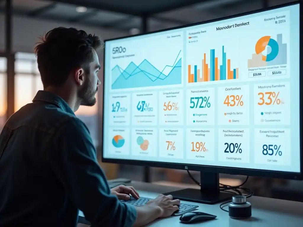 A data-driven young marketer analyzing heatmaps and conversion stats on a large screen in a minimalist, well-lit office