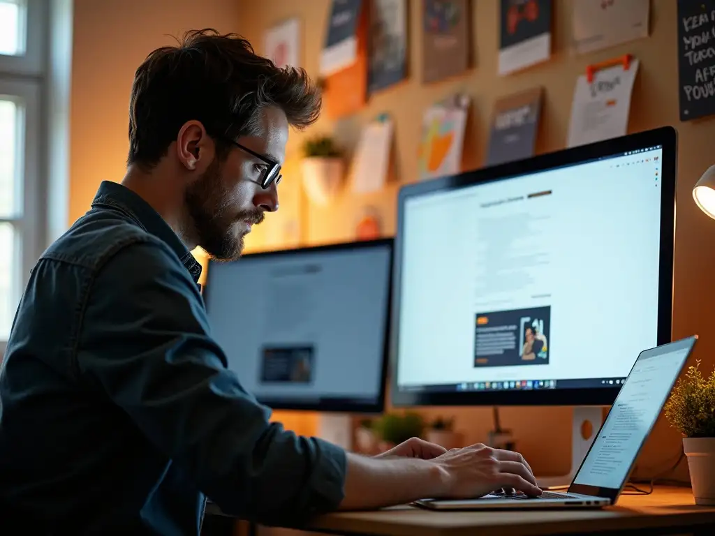 A focused male copywriter creating persuasive content with landing page drafts open on a secondary screen