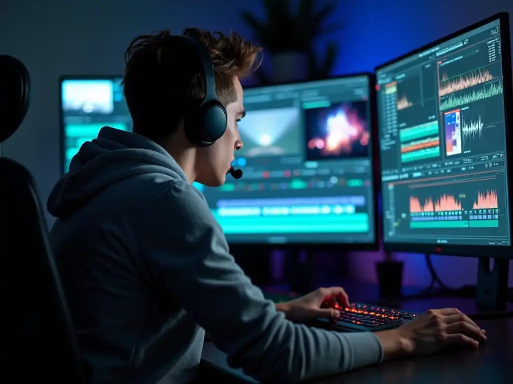 A focused young male video editor working on footage using advanced editing software on a large screen