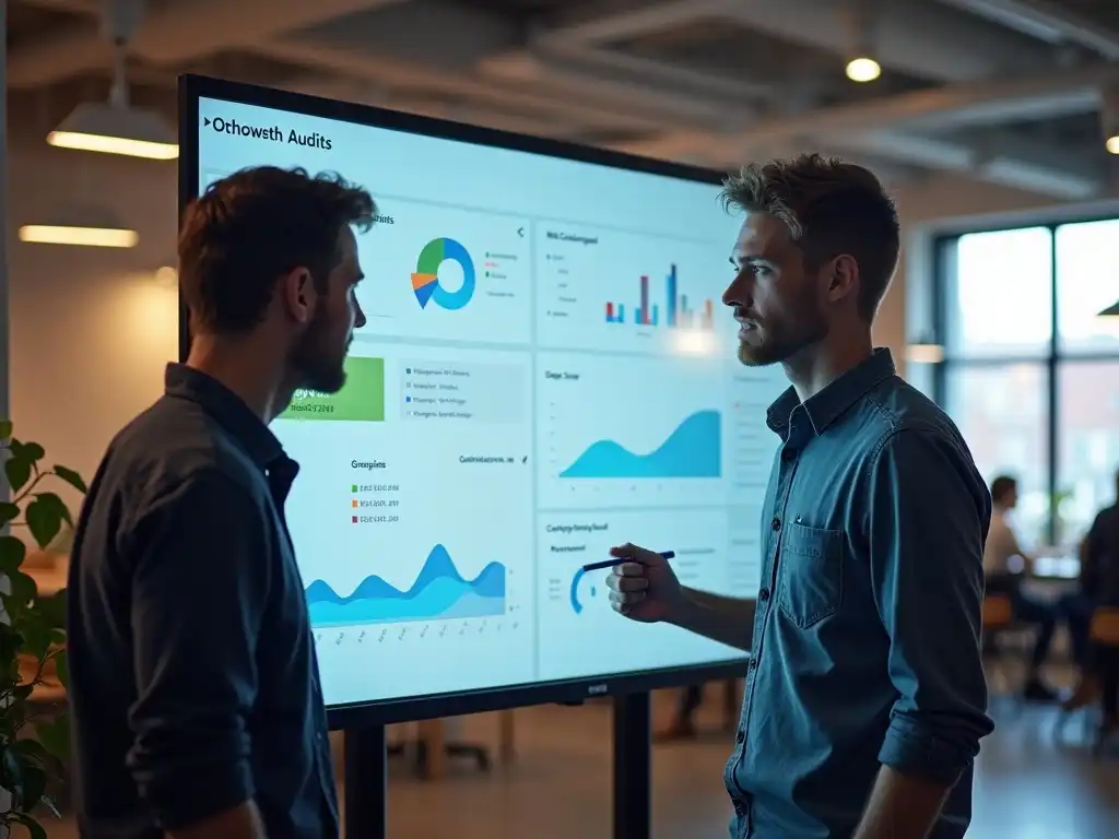 A focused young man reviewing SEO audit results and competitor analysis on a large monitor in a well-lit coworking space