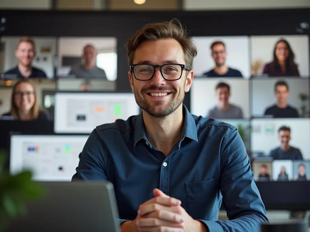 A male strategist in an online meeting sharing messaging ideas and copy drafts with teammates via screen share
