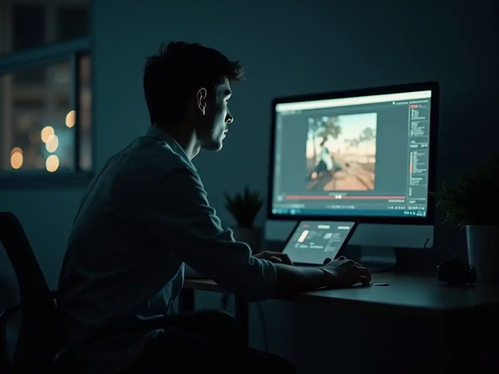 A pensive young man sitting in a dimly lit room, staring at a paused video timeline on his monitor