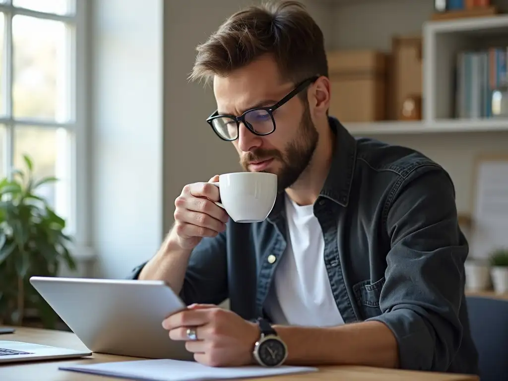 A relaxed young professional reviewing copy edits and feedback on a tablet in a cozy, sunlit home office