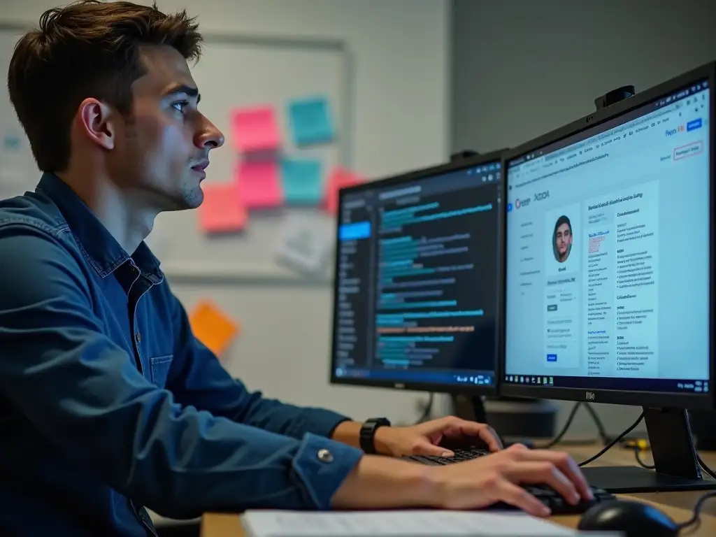 A young SEO sapecialist comparing keyword research data across dual monitors in a tech-focused office setting