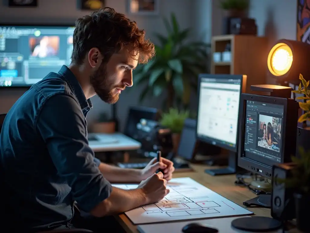 A young male content strategist outlining a video plan on a digital tablet in a creative office setting