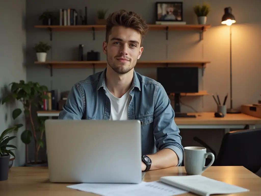 A young male copywriter working on a laptop in a modern home office, focused on writing strategy and content creation.