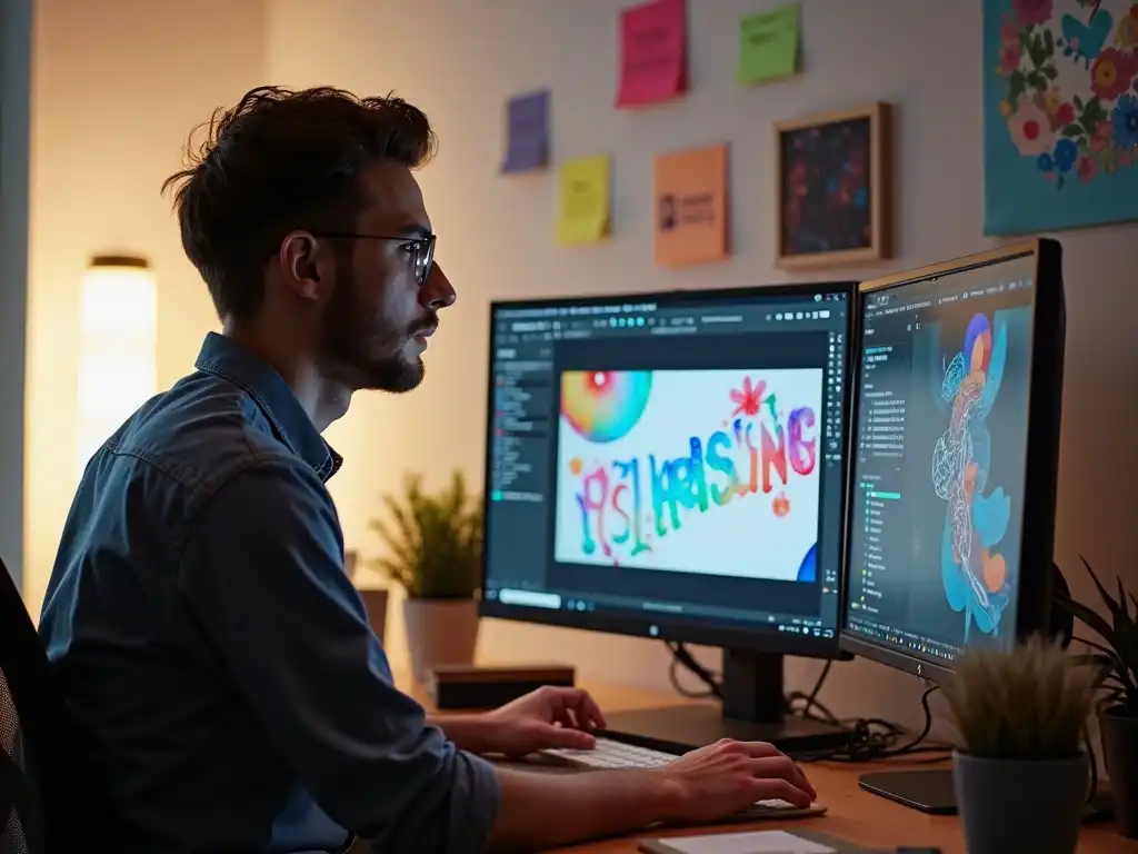 A young male designer working on social media visuals and captions in a creative studio filled with color palettes and modern tools