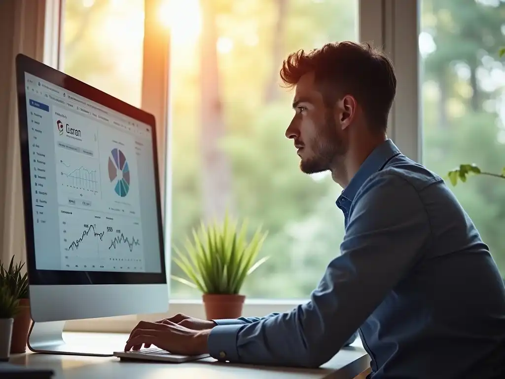 A young male entrepreneur analyzing SEO traffic data on his computer in a bright, modern home office with natural sunlight