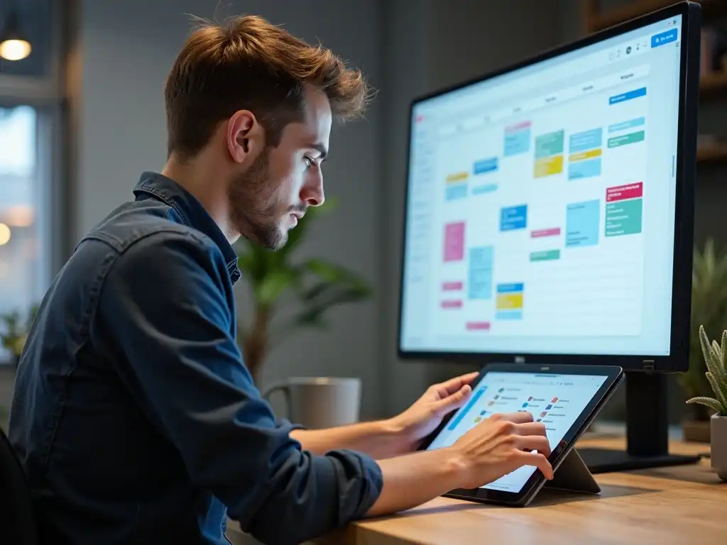 A young male professional in a modern home office having a video call to discuss brand strategy, with a creative setup and focused expression