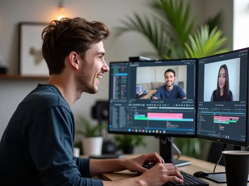 A young male video creator on a video call in a modern workspace, discussing a project with editing tools visible in the background