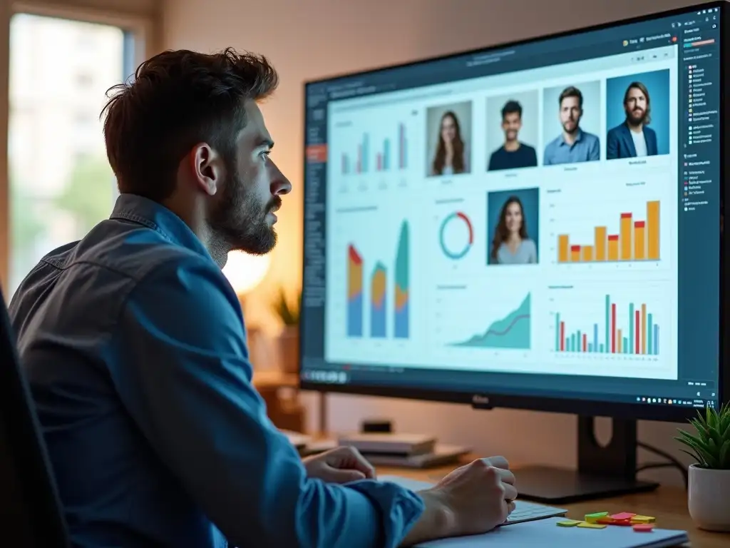 A young man analyzing marketing data and audience insights on a computer screen in a bright office space