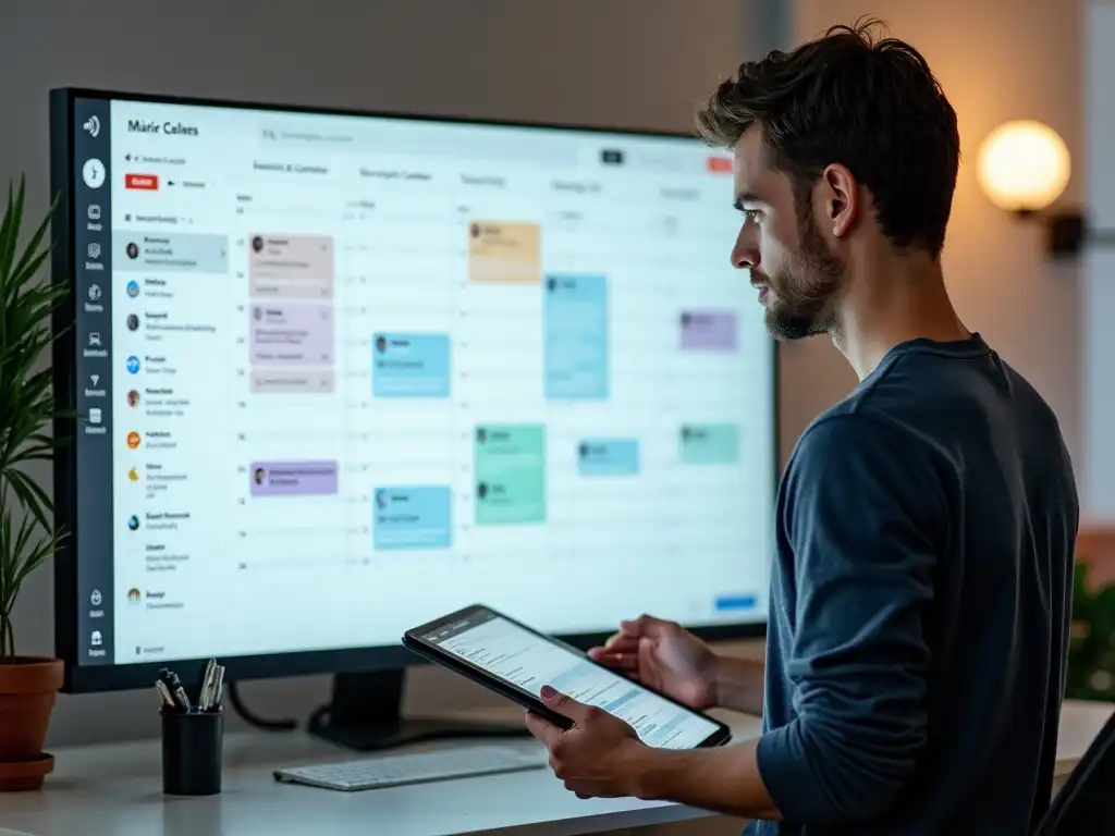 A young man building a digital content calendar on a tablet or computer, seated in a stylish co-working space with an organized layout
