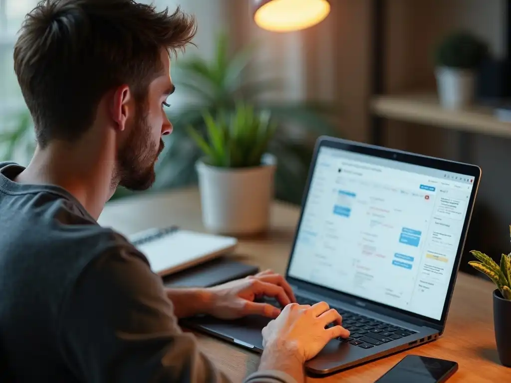 A young man in a relaxed café setting automating social media posts from his laptop, illustrating remote work and smart scheduling