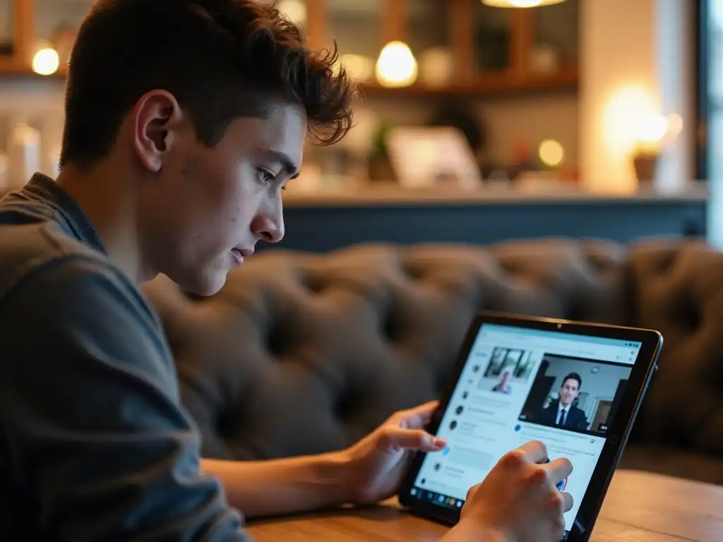 A young man reviewing a video draft on a tablet, seated comfortably while giving feedback