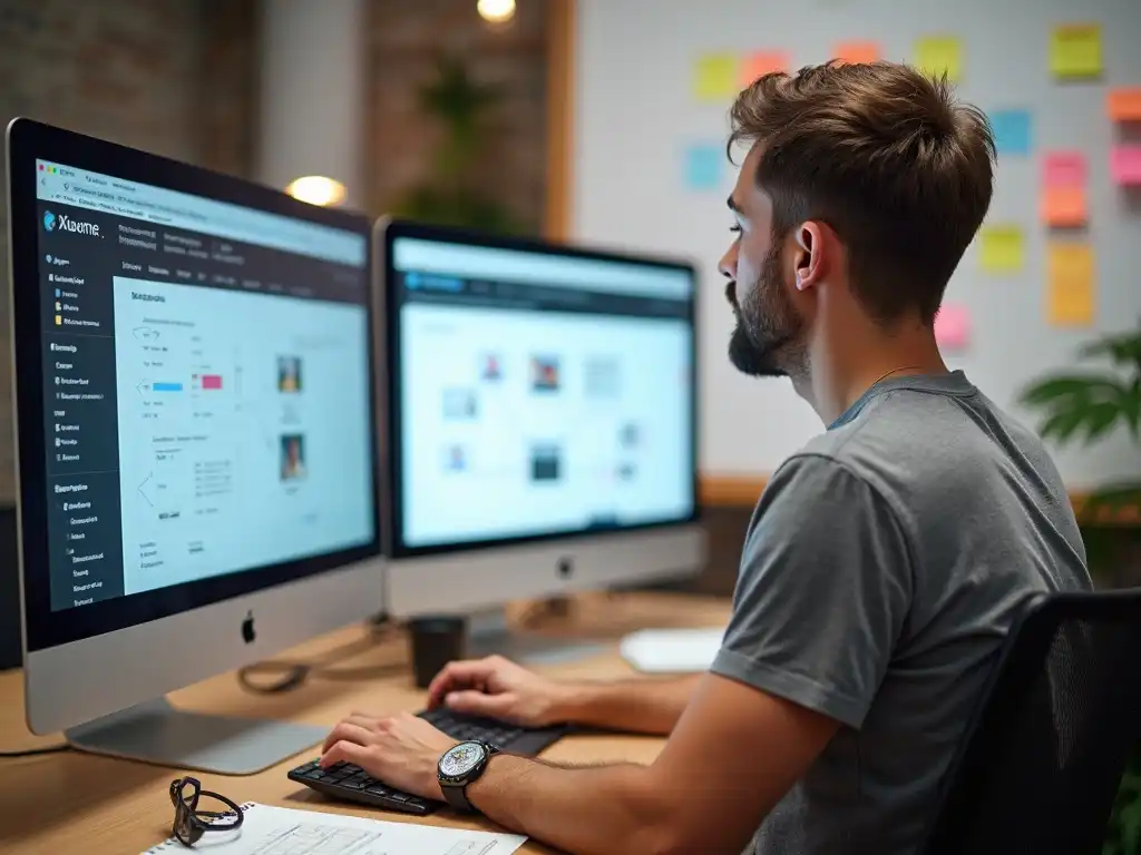 A young professional editing website content and optimizing site structure on dual monitors in a clean, creative office setup