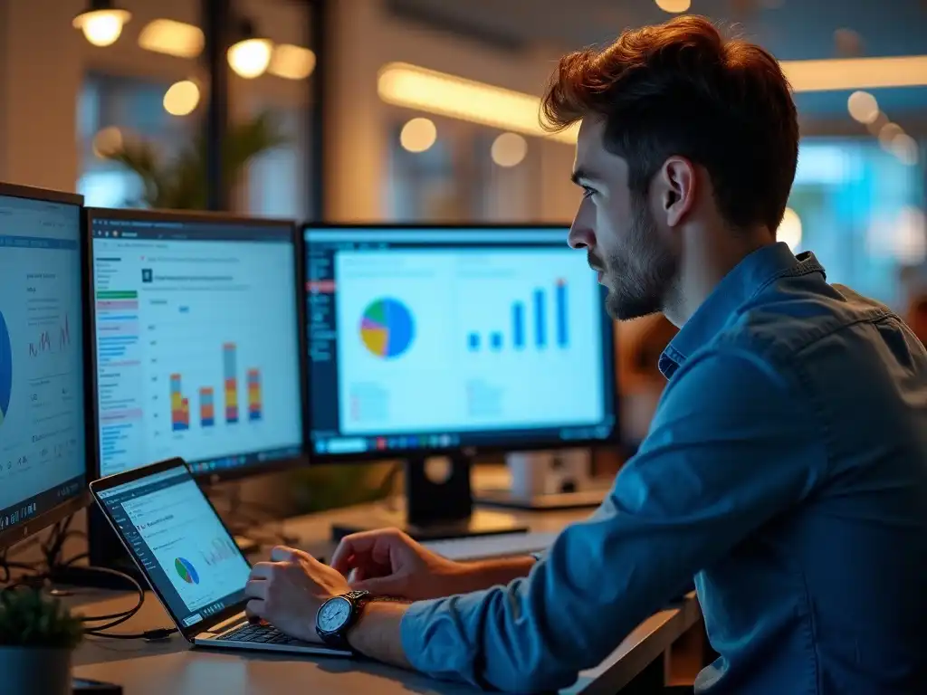 A young social media manager analyzing engagement data on multiple screens, responding to comments, and reviewing performance metrics