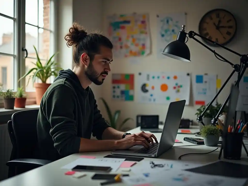 Creative young man working on digital content and website design in a bright modern office