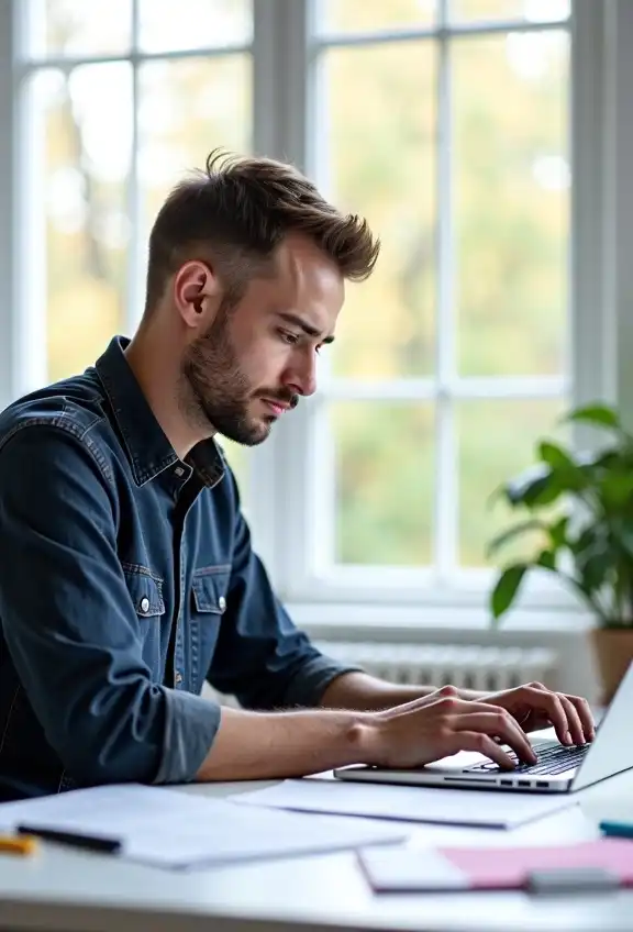 Focused male copywriter crafting content at bright desk.