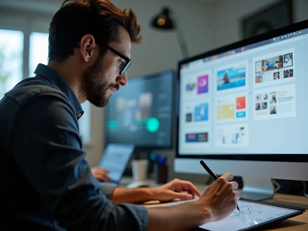 Focused young male designer sketching digital concepts on a tablet in a professional, modern design studio