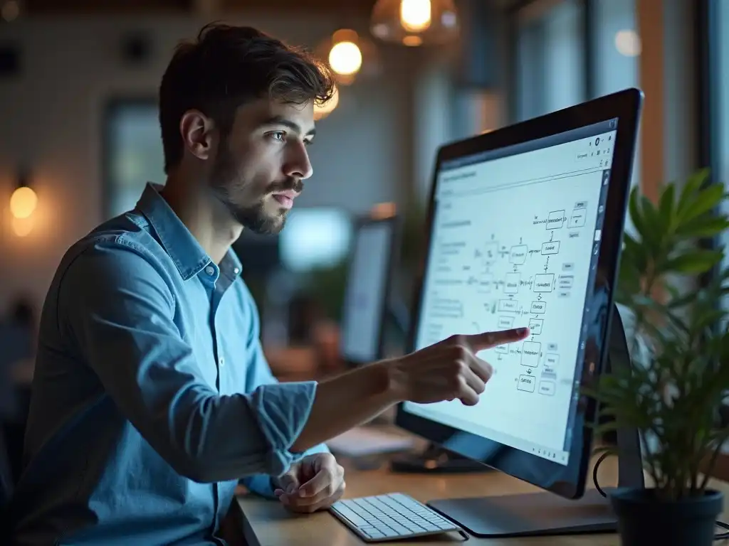 Focused young man analyzing a website wireframe on a digital device in a well-lit workspace, representing conversion-focused strategy