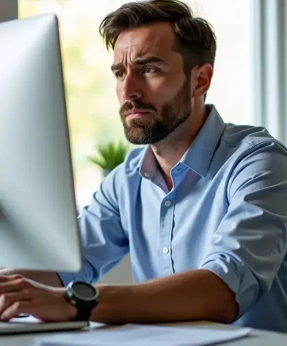 Fraustrated male business owner checking low website traffic