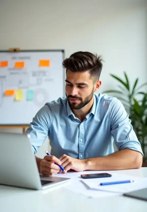 Male entrepreneur calmly planning digital business at bright desk