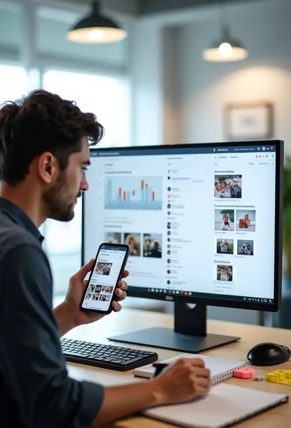 Male strategist planning social media content in bright office