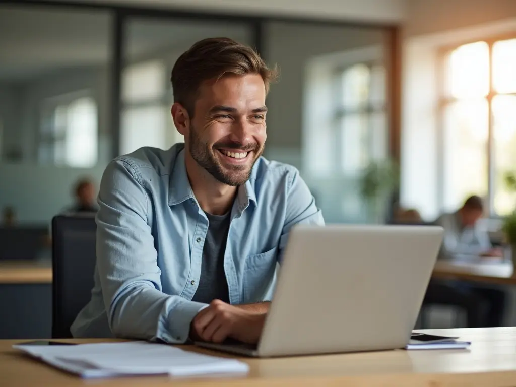 Smiling young man looking at a laptop screen after successfully launching a website in a clean workspace