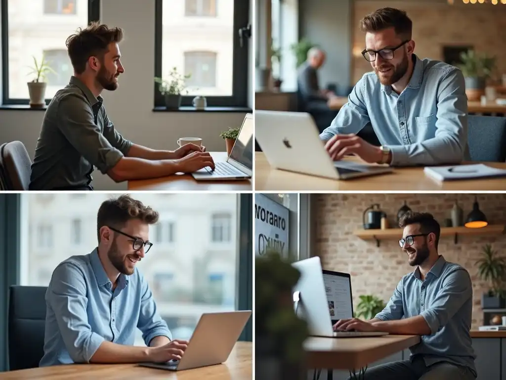 Three young male professionals working in separate bright environments, representing freelancers, coaches, and local business owners