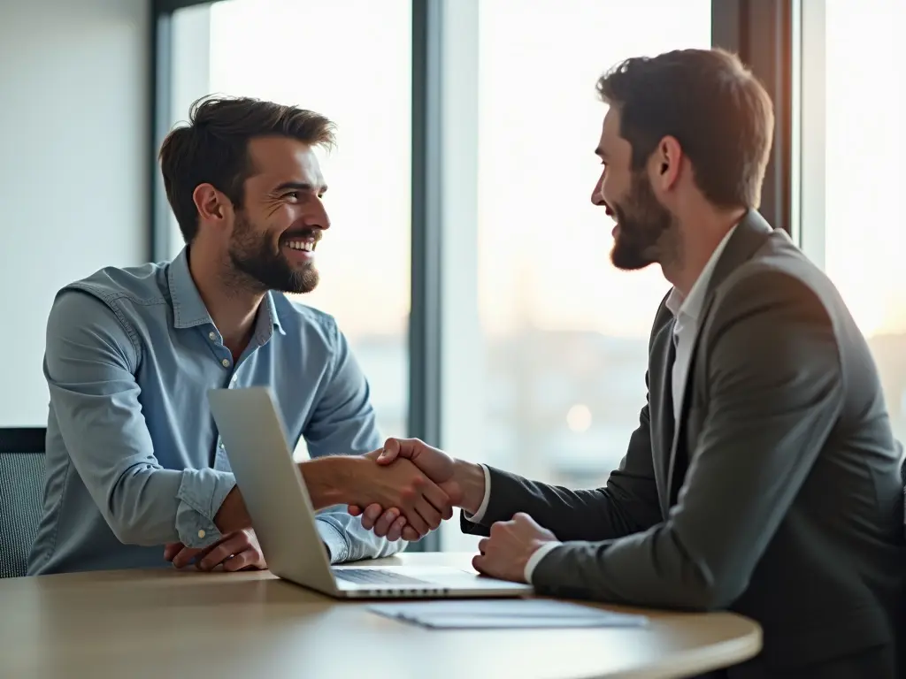 Two young men shaking hands in a bright office, symbolizing honest partnership and fair pricing