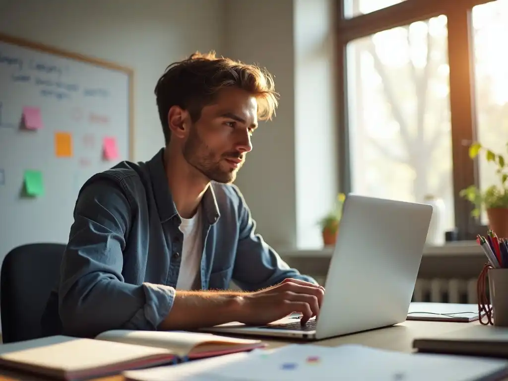 Young man brainstorming at a bright desk with a laptop and sticky notes, symbolizing strategic clarity and brand planning.