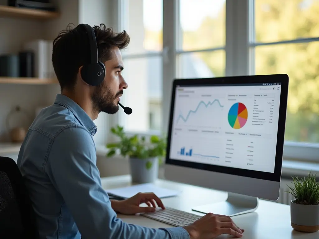 Young man monitoring website performance and analytics in a sunny, organized home office
