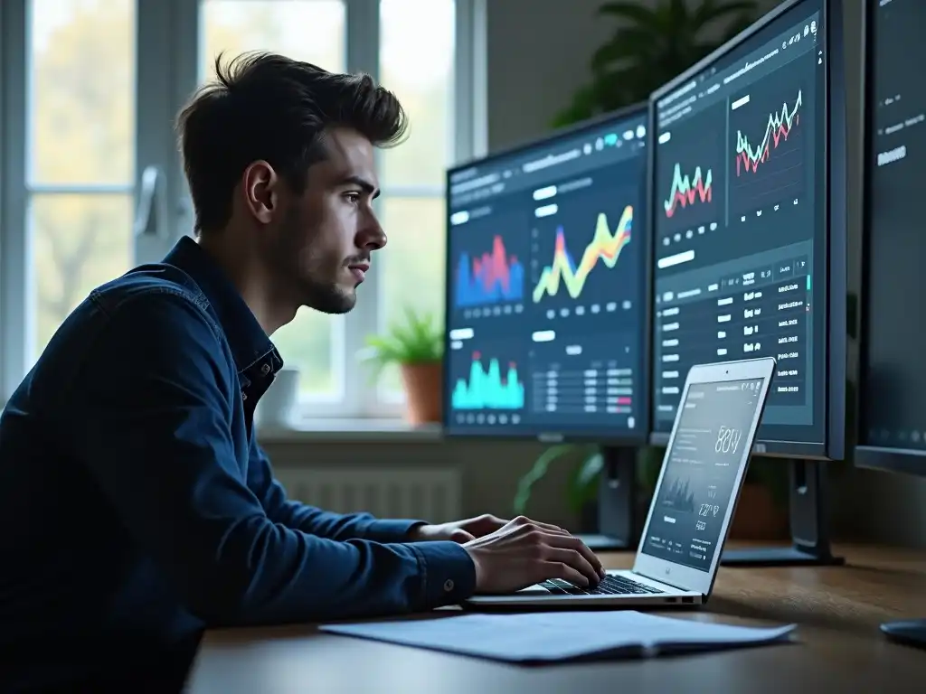 Young man optimizing a website with SEO analytics on screen in a sunlit room, illustrating SEO-friendly site structure