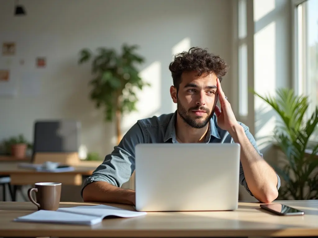 Young man sitting at a bright desk looking at laptop, reflecting the struggle of launching an online business alone