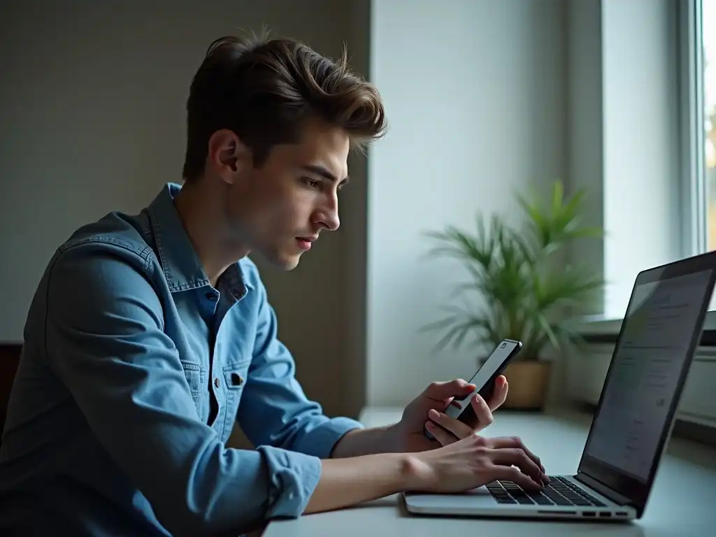 Young man testing a website on both a laptop and smartphone in a bright, modern workspace, showcasing mobile-first and fast-loading design
