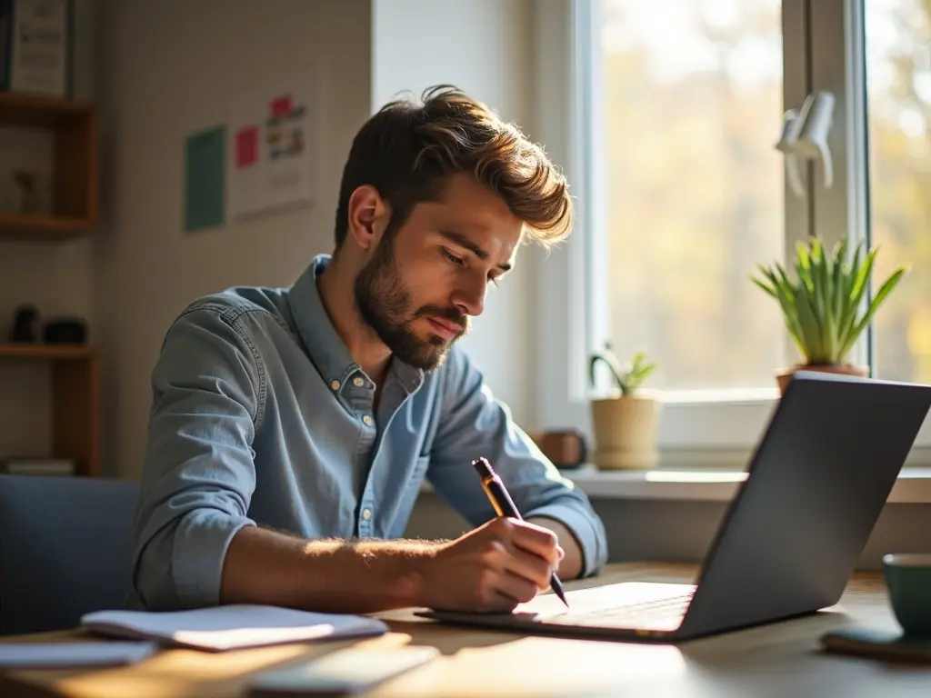 Young man writing notes and planning on a laptop in a clean, well-lit workspace
