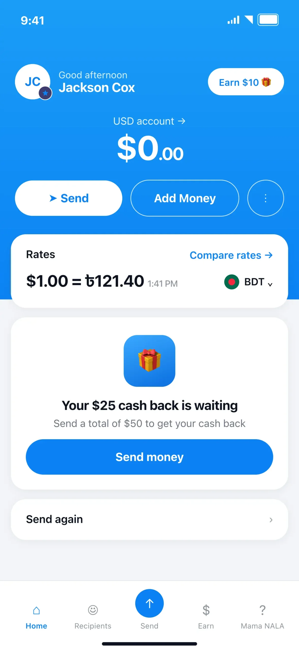 NALA app home screen showing the Send button to start a payment