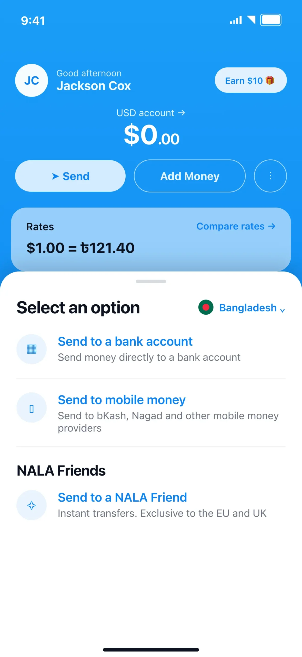 NALA app showing Bangladesh bank transfer options