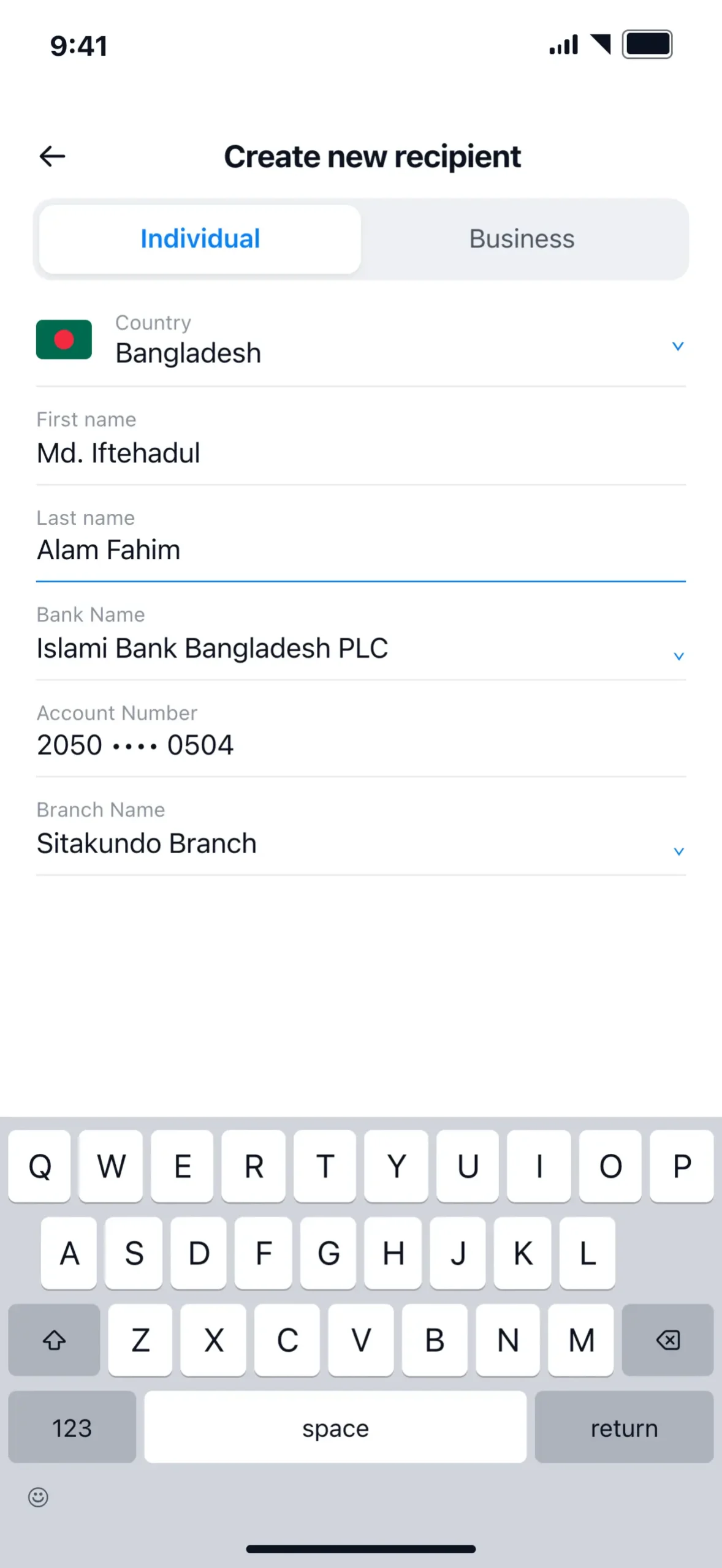 NALA app screen for creating a Bangladesh bank recipient