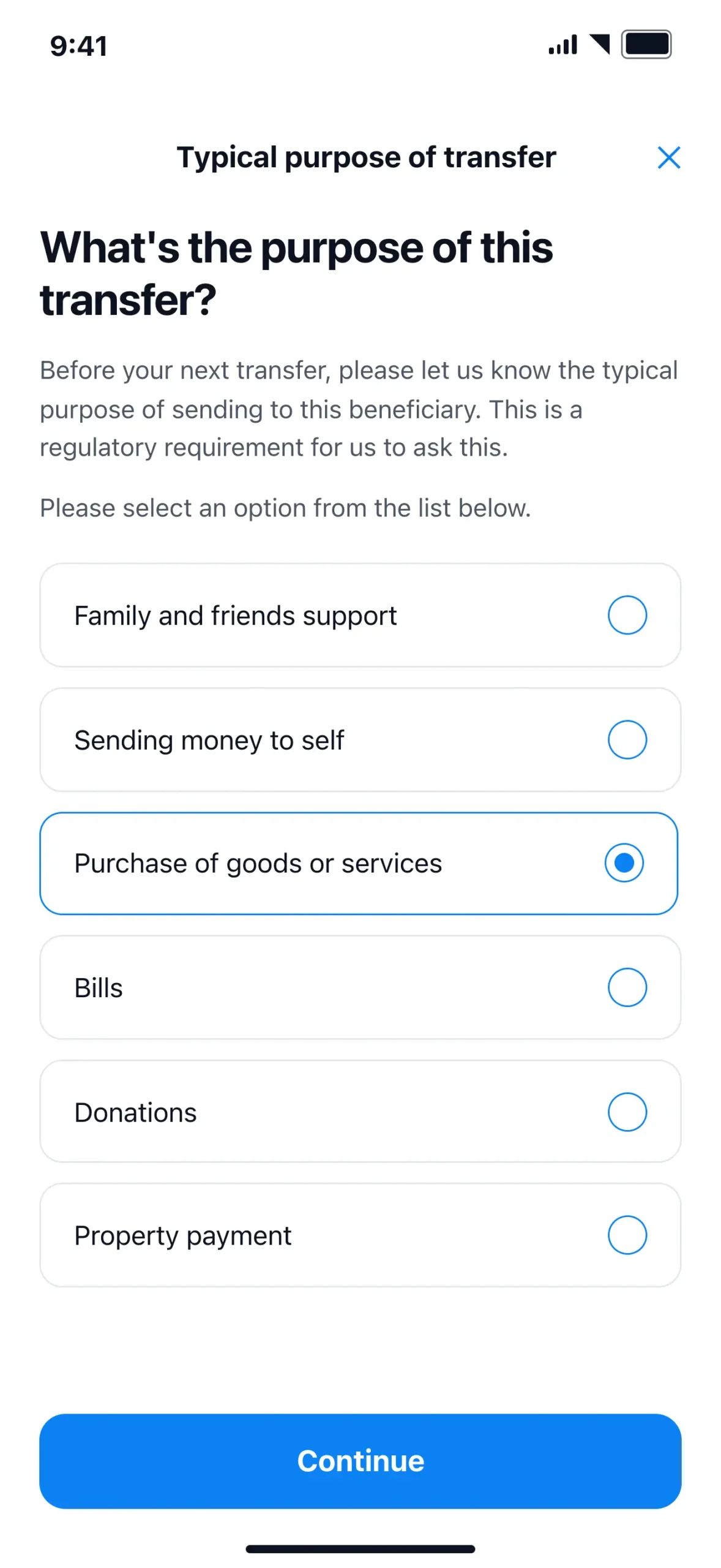NALA transfer purpose screen showing purchase of goods or services
