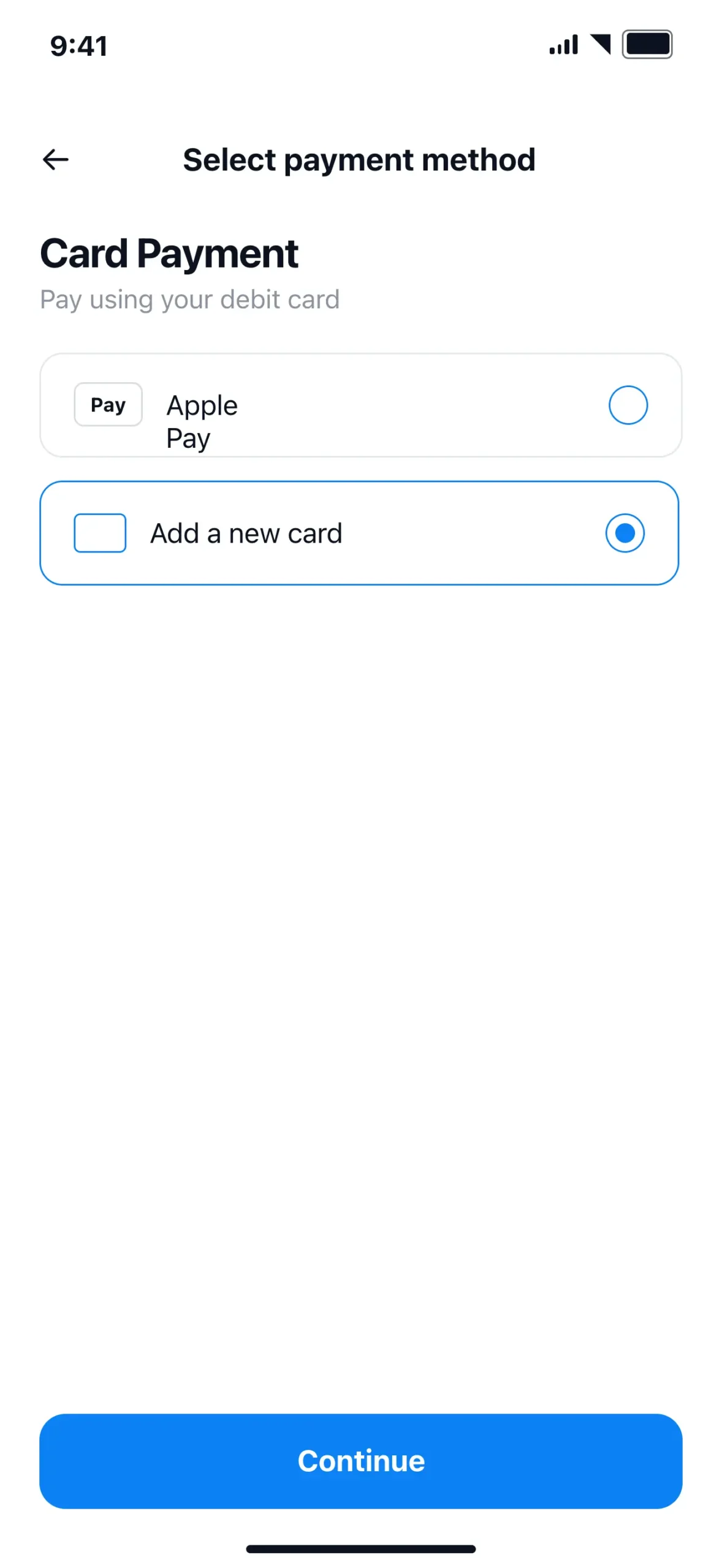 NALA payment method screen showing Apple Pay and new card
