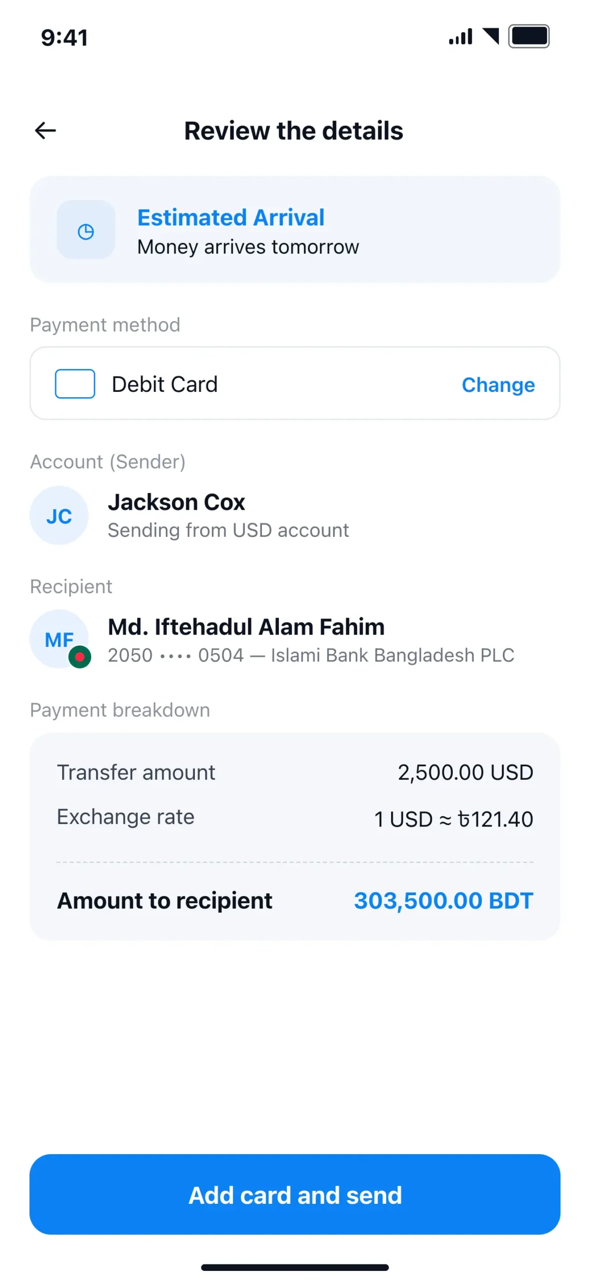 NALA review screen showing $2,500 USD transfer to Bangladesh